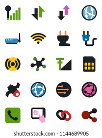 Color and black flat icon set - satellite vector, network, share, chain, call, sim, data exchange, cellular signal, wireless, power plug, router, home control app, social media
