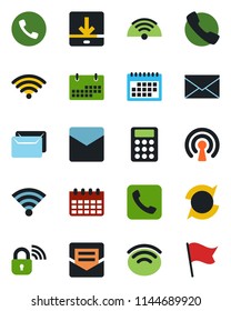 Color and black flat icon set - phone vector, mail, calendar, call, download, wireless, update, calculator, lock, flag