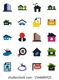 Color and black flat icon set - office building vector, house, pond, with garage, tree, estate document, sale, sold signboard, search, agent, smart home, eco