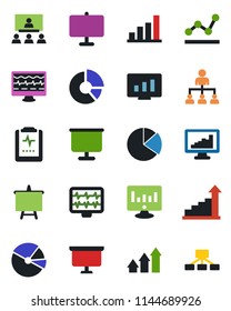Color and black flat icon set - growth statistic vector, hierarchy, presentation board, monitor, circle chart, pulse, clipboard, statistics, bar graph, pie, point, arrow up