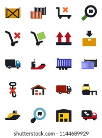 Color and black flat icon set - sea shipping vector, truck trailer, cargo container, car delivery, port, up side sign, no trolley, hook, package, search, warehouse, moving