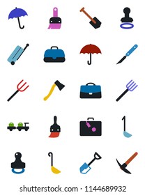 Color and black flat icon set - suitcase vector, umbrella, stamp, baggage larry, job, shovel, farm fork, axe, scalpel, themes, case, ladle, hard work