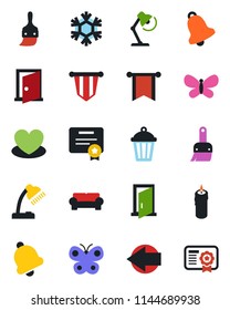 Color and black flat icon set - left arrow vector, pennant, butterfly, garden light, heart, themes, bell, desk lamp, cushioned furniture, candle, snowflake, door, pennon, certificate