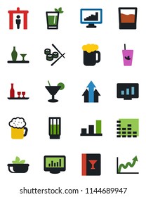 Color and black flat icon set - security gate vector, statistic monitor, equalizer, statistics, bar graph, alcohol, wine card, drink, cocktail, phyto, beer, salad, sushi, arrow up, growth