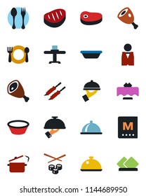 Color and black flat icon set - spoon and fork vector, waiter, dish, restaurant table, cafe, menu, steak, kebab, ham, bowl, steaming pan, sushi, serviette