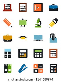 Color and black flat icon set - checkroom vector, book, calculator, graduate, abacus, presentation board, microscope, case, paper clip, pencil, stapler