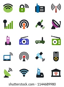 Color and black flat icon set - antenna vector, satellite, wireless notebook, office phone, radio, remote control, cellular signal, lock, router, garage gate