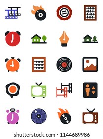 Color and black flat icon set - elevator vector, alarm clock, tv, abacus, stamp, film frame, vinyl, flame disk, gallery, ink pen, house with tree