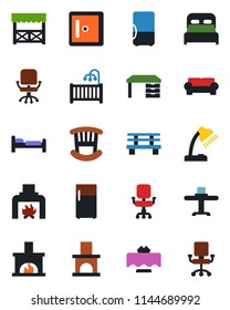 Color and black flat icon set - bed vector, checkroom, office chair, desk, bench, fireplace, lamp, bedroom, children room, cushioned furniture, restaurant table, alcove, fridge