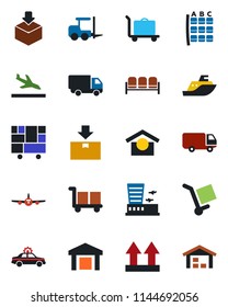 Color and black flat icon set - arrival vector, baggage trolley, waiting area, alarm car, fork loader, plane, seat map, airport building, sea shipping, delivery, consolidated cargo, up side sign