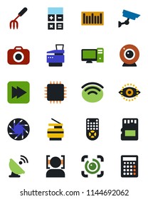 Color and black flat icon set - calculator vector, garden fork, barcode, satellite antenna, camera, remote control, fast forward, mobile, sd, wireless, face id, eye, copier, chip, web, pc