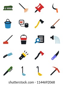 Color and black flat icon set - document search vector, rake, bucket, watering, hoe, sickle, garden knife, axe, blood pressure, torch, drawing pin, pen, stapler, ladle, hard work