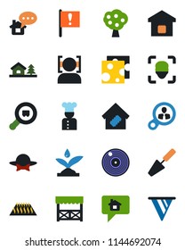 Color and black flat icon set - trowel vector, important flag, search cargo, vinyl, face id, house with tree, fruit, smart home, cook, dress code, alcove, cheese, irrigation, warm floor, message