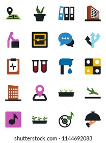 Color and black flat icon set - arrival vector, baby room, office building, seedling, blood test vial, pulse clipboard, route, navigation, dialog, scanner, music, application, paper binder, waiter
