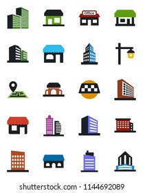Color and black flat icon set - taxi vector, shop, office building, garden light, navigation, store, city house, cafe, storefront