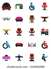 Color and black flat icon set - cafe vector, waiting area, disabled, office chair, desk, picnic table, cushioned furniture, restaurant, man with notebook