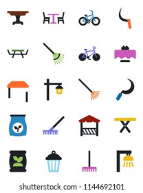 Color and black flat icon set - cafe vector, rake, sickle, garden light, picnic table, fertilizer, bike, restaurant, alcove, outdoor lamp