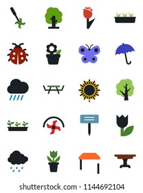 Color and black flat icon set - umbrella vector, sun, flower in pot, ripper, tree, butterfly, lady bug, seedling, rain, plant label, picnic table, tulip
