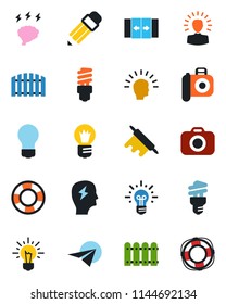 Color and black flat icon set - automatic door vector, brainstorm, bulb, camera, pencil, fence, rolling pin, energy saving, shining head, idea, paper plane, crisis management