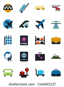 Color and black flat icon set - plane vector, runway, taxi, suitcase, baggage trolley, airport bus, passport, ladder car, helicopter, seat map, luggage storage, scales, globe, mountains, case