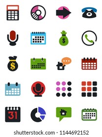 Color and black flat icon set - right arrow vector, calendar, circle chart, microphone, menu, calculator, phone, home message, money bag