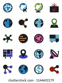Color and black flat icon set - satellite antenna vector, bomb in case, globe, plane, earth, pin, consolidated cargo, network, share, social media