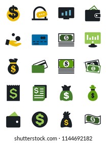 Color and black flat icon set - credit card vector, ticket office, dollar sign, money bag, statistic monitor, cash, receipt, wallet, investment
