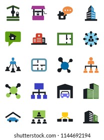 Color and black flat icon set - hierarchy vector, well, molecule, hospital, office building, garage, plan, home message