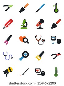 Color and black flat icon set - trowel vector, pruner, saw, stethoscope, blood pressure, thermometer, heart diagnostic, microscope, scalpel, microphone
