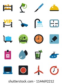 Color and black flat icon set - baggage trolley vector, shower, lawn mower, scalpel, hospital bed, rack, laptop pc, record, notes, clock, identity card, desk lamp, pond, windmill, plan, dish, water