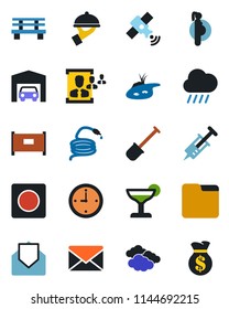 Color and black flat icon set - fence vector, clouds, mail, shovel, rain, hose, bench, syringe, pregnancy, satellite, record, folder, clock, hr, pond, garage, cocktail, waiter, money bag