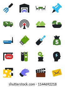Color and black flat icon set - money bag vector, brainstorm, garden fork, glove, clapboard, antenna, paper pin, jack connector, book, garage, sale, moving, flower in pot, salad, cafe table, cheese