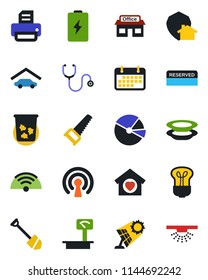 Color and black flat icon set - trash bin vector, job, printer, saw, stethoscope, store, term, heavy scales, pie graph, garage, sweet home, wireless, reserved, plates, bulb, protect, sun panel