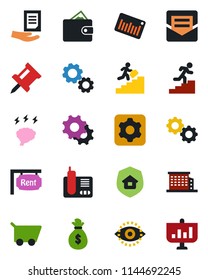 Color and black flat icon set - brainstorm vector, document, barcode, radio phone, settings, mail, eye id, drawing pin, career ladder, rent, office building, estate insurance, gear, wallet, cart