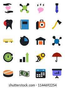Color and black flat icon set - airport bus vector, growth statistic, brainstorm, axe, molecule, pills, heart hand, caries, umbrella, warehouse, camera, stopwatch, calendar, copybook, tie, sun panel