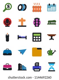 Color and black flat icon set - bed vector, case, calendar, printer, watering can, signpost, traffic light, microphone, calculator, folder, stapler, office building, table, heater, plates, candle