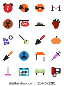 Color and black flat icon set - fence vector, plane, trowel, rake, bench, pumpkin, syringe, run, real heart, broken bone, user, alarm, calendar, sun panel, mountains, sale, table, intercome