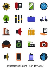 Color and black flat icon set - sun vector, airport building, office, case, document, tree, bike, camera, speaker, settings, mobile, phone back, clock, cushioned furniture, heater, city house, sound