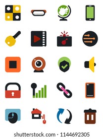 Color and black flat icon set - bomb in case vector, globe, mobile phone, mouse, shield, chain, stop button, back, update, network, lock, video, cellular signal, application, key, hot dog, sound