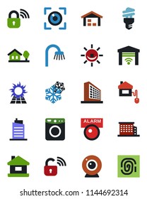 Color and black flat icon set - office building vector, house, with tree, warehouse, bathroom, city, home control, wireless lock, web camera, snowflake, washer, energy saving bulb, garage gate