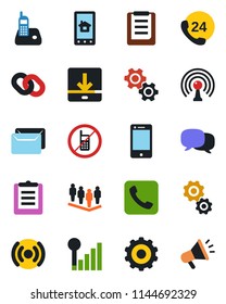 Color and black flat icon set - no mobile vector, gear, team, 24 hours, clipboard, antenna, cell phone, radio, chain, call, message, download, cellular signal, mail, wireless, home control app
