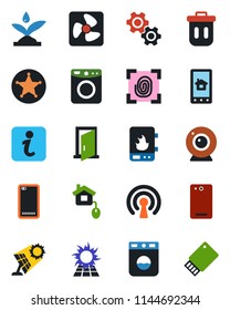 Color and black flat icon set - phone back vector, home control, fingerprint, fan, irrigation, water heater, wireless, web camera, app, gear, washer, police, trash bin, sun panel, door, information