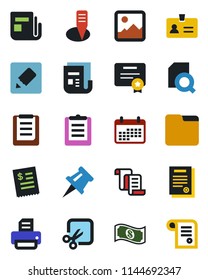 Color and black flat icon set - identity vector, contract, printer, plant label, clipboard, news, gallery, folder, notes, cut, drawing pin, document search, restaurant receipt, calendar, cash