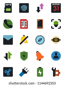 Color and black flat icon set - phone back vector, call, protect, user, bell, mail, sd, sim, calendar, data exchange, torch, mute, cut, compass, face id, eye, fingerprint, charge, root setup