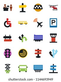 Color and black flat icon set - airport tower vector, plane radar, taxi, bus, parking, passport control, signpost, helicopter, disabled, route, traffic light, truck trailer, guidepost