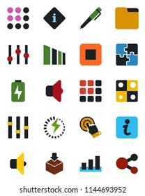 Color and black flat icon set - package vector, sorting, settings, touch screen, stop button, menu, folder, charge, application, pen, sound, information, social media