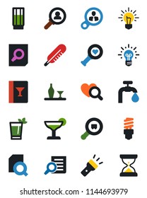 Color and black flat icon set - document search vector, thermometer, heart diagnostic, cargo, torch, water supply, alcohol, wine card, drink, cocktail, phyto bar, energy saving bulb, consumer, idea