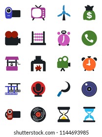 Color and black flat icon set - alarm clock vector, phone, money bag, well, sickle, film frame, vinyl, tv, video camera, microphone, abacus, fireplace, windmill, sand
