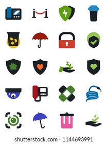 Color and black flat icon set - fence vector, umbrella, trash bin, hose, patch, heart shield, protect, lock, eye id, intercome, water filter, home, surveillance, palm sproute