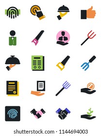 Color and black flat icon set - handshake vector, document, garden fork, farm, saw, client, touch screen, finger up, fingerprint id, contract, waiter, investment, palm sproute